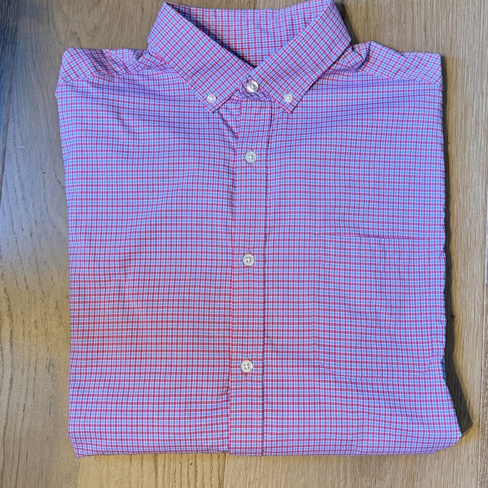 Vineyard Vines Men's Red and Blue Checkered Performance Shirt